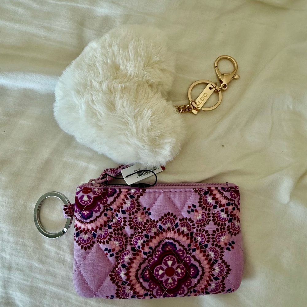 NWT Vera Bradley pink/purple zip card case and Aldo white heart charm key chain